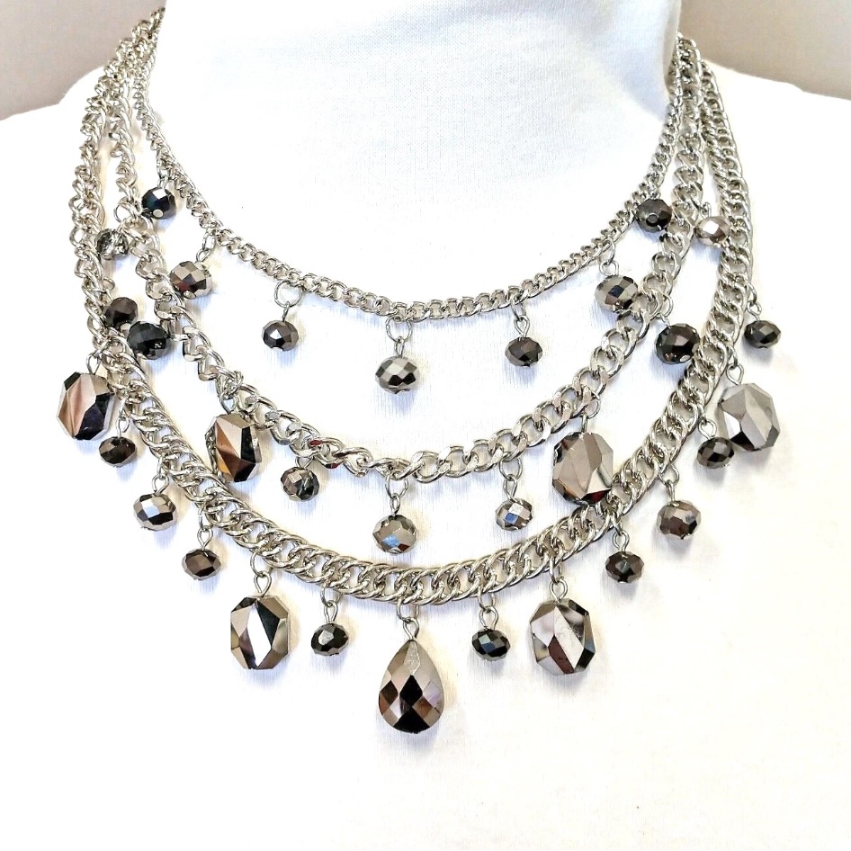 Multi Row Gray Glass Bead Necklace With Three Rows Of Gray Glass Beads New 40$